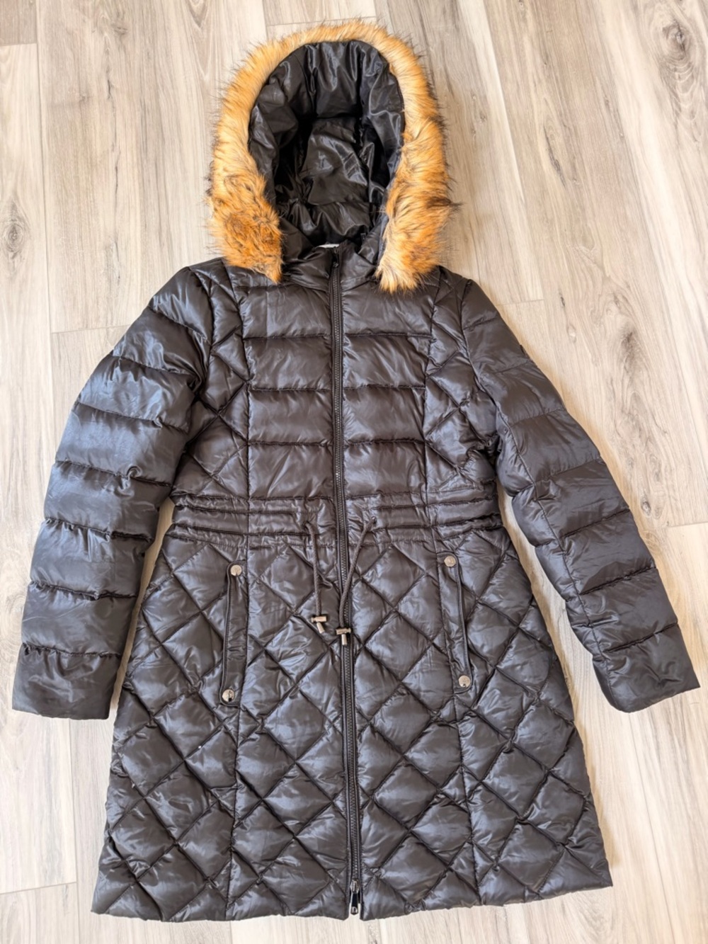 Dawn Levy Black Quilted Hooded Puffer Coat with Faux-Fur Trim